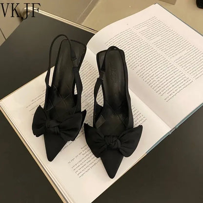 Women Shoes 2024 Spring New Butterfly Knot Women Slingbacks Heels Shoes Sexy Dress Thin Heel Pointed Toe Ladies High Heels Women