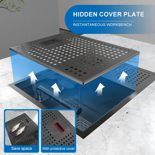 Hidden Cup Washer kitchen Sink Stainless Steel Small Bar Single Slot Washbasin Multifunctional With Cover Plate Dishwashing Pool