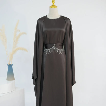 Ramadan Muslim Women 2 Piece Set with Chain Party Dresses Abaya Eid Jalabiya Sashes Diamond Morocco Dubai Kaftan Cardigan Robe