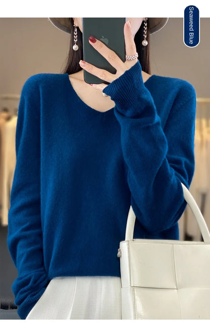 2024 100% Merino Reine Wolle V-ausschnitt Herbst Und Winter Pullover Pullover Neue Kaschmir Pullover frauen Beiläufige Gestrickte Top DMR201