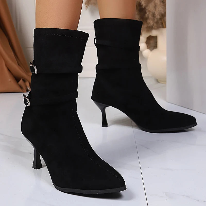 Pointed Toe High Heel Ankle Boots Women Fashion Buckle Decor Stiletto Heel Boots Woman Autumn Winter Slip On Short Booties Mujer.