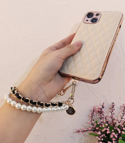 26cm Leather Pearl Camellia Mobile Phone Charm Bracelet Chain Anti-lost Universal Cell Phone Strap Rope Pendant Metal Key Chain.