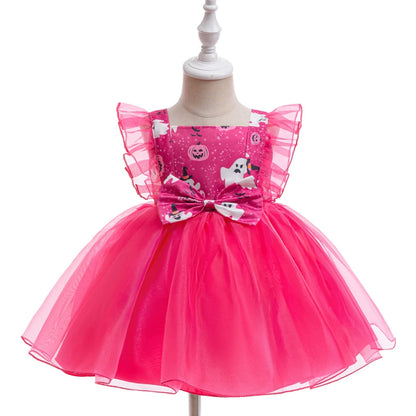 Kleinkind Halloween Kostüm Mädchen Cosplay Hexe Kürbis Skelett Druck Bowknot Kleid Kinder Festival Party Performance Kleidung