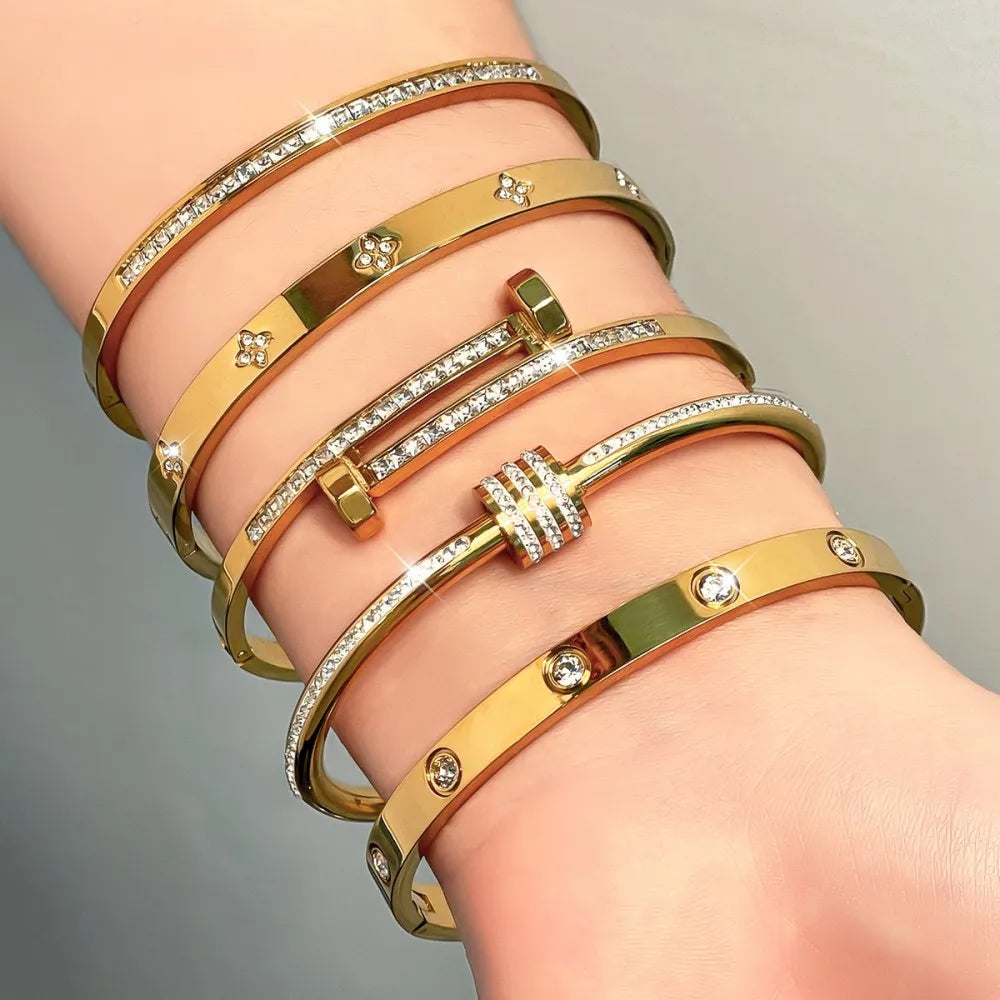 Titanium Steel Stacked Bracelet Couple's Shiny Zircon Inlaid Stainless Steel Bangles Gold Color Female Jewelry Gift.