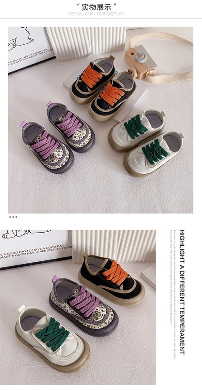 Children Fashion Versatile Soft Canvas Shoes Floral Print Casual Kids Shoes Drop Shipping Lace-up 2023 Spring New for Boys Flats.