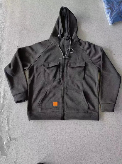 New Autumn Winter Men's Hooded Solid Hoodies Jackets Multi Pockets Male Zipper Sweatshirts Sports Outdoor Casual Hoodie Coat.