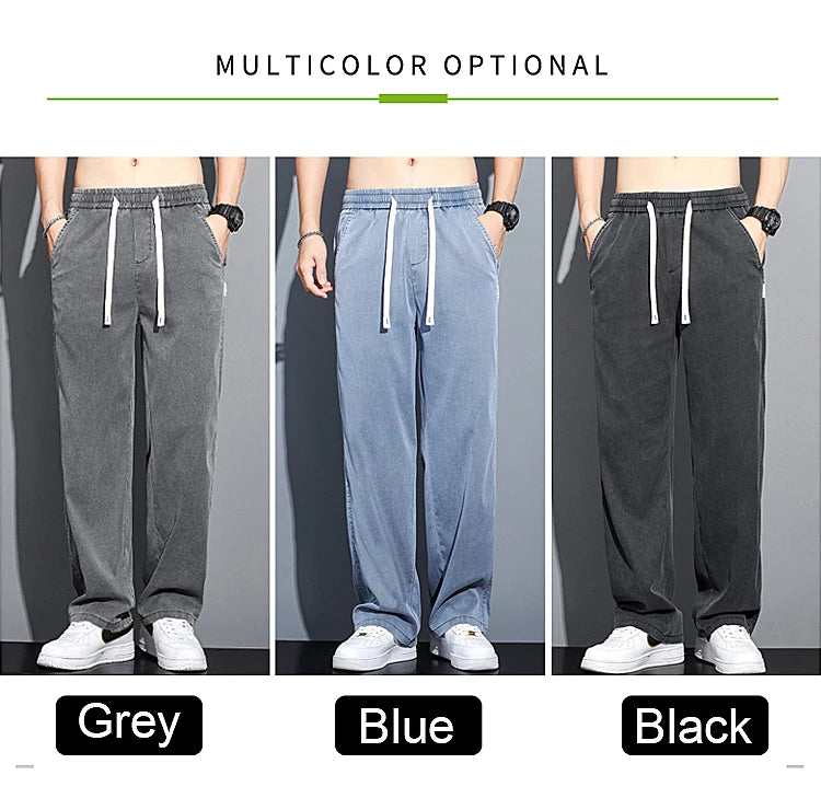 2024 Spring/Summer New Soft Lyocell Fabric Men's Jeans Thin Loose Straight Leg PantsDrawstring Elastic Waist Korean casual pants.