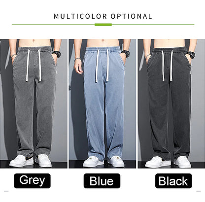 2024 Spring/Summer New Soft Lyocell Fabric Men's Jeans Thin Loose Straight Leg PantsDrawstring Elastic Waist Korean casual pants.
