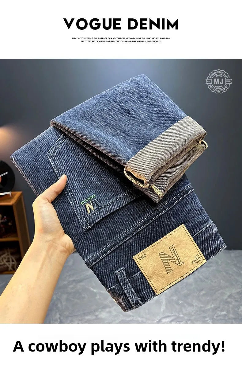 Men's Slim Straight Jeans Fashion Korean Autumn Trousers Comfortable Elastic Black Blue Fitted Business Casual Denim Pants.