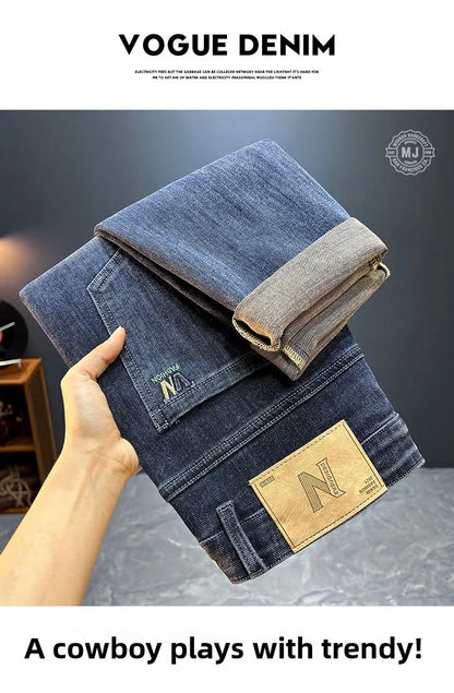 Men's Slim Straight Jeans Fashion Korean Autumn Trousers Comfortable Elastic Black Blue Fitted Business Casual Denim Pants.