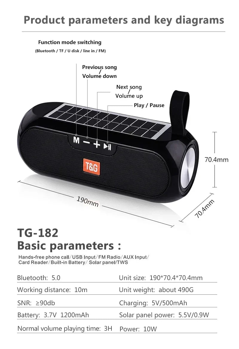 T&G TG182 Solar Charging Portable Stereo speakers Wireless Bluetooth With Mic Outdoor Loudspeaker Waterproof FM Radio Soundbar.
