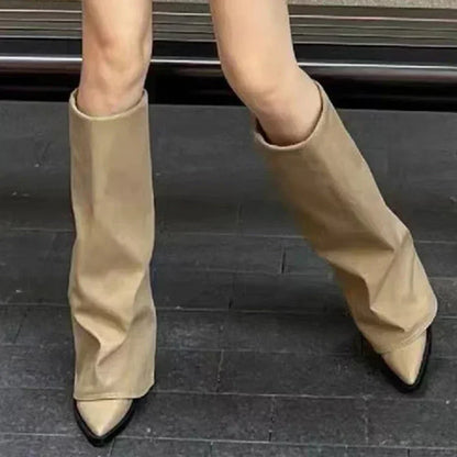 Knee High Heels Women Boots Leather Chunky Fashion Shoes Pointed Toe Snow Long Boots New Designer Pumps Punk Chelsea Botas Mujer.