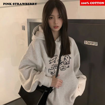 Cute Cat Print Hoodies Women Autumn Winter 2025 New Fashion Street Loose Casual Kangaroo Pouch Sweatshirt Y2K Top kawaii clothes.