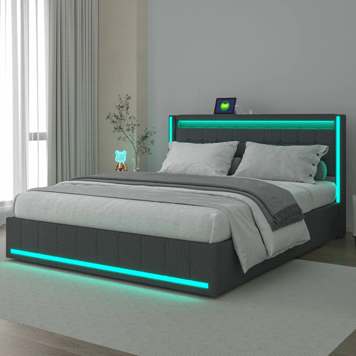 Lazyspace Leinen-Polsterbett mit 4 Schubladen, moderner Doppelbettrahmen mit LED-Beleuchtung und USB-Ladeanschluss, funktionelles Bett