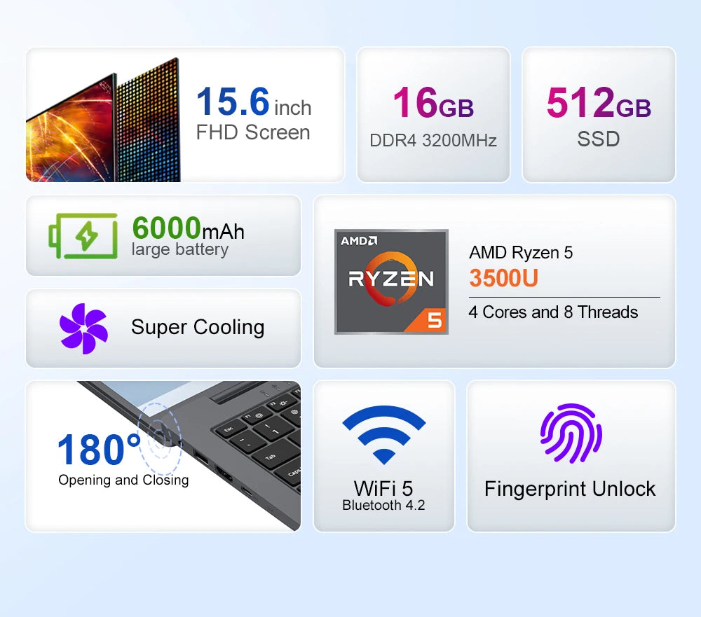 Ninkear A15 Air 2025 Laptop 15.6 Inch FHD IPS Screen AMD Ryzen™ 5 3500U 16GB DDR4 3200 MHz+512GB NVME SSD 180° Opening and Closing WiFi 5 BT 4.2 0.3s Fingerprint Unlock Tested ＆ Proven High Quality PC Notebook  Power You.