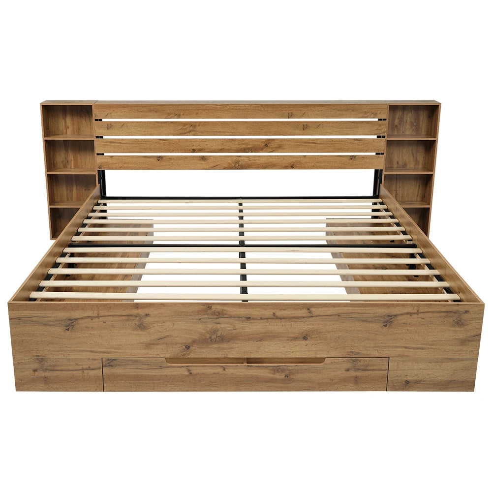 Bett mit gepolstertem Bettsystem mit Leselampe und USB-C-Nachttisch und Sitzbank mit Stauraum (ohne Matratze)