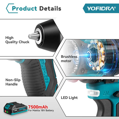 YOFIDRA 2-in-1 bürstenloser Elektroschrauber Handheld Sechskantbohrer Schraubendreher Home Power Tool Set für Makita Akku Pin