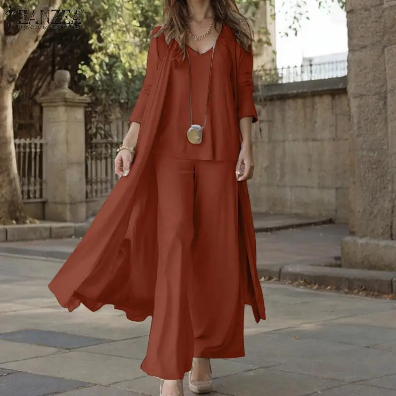 Women Autumn Tracksuits 3pcs Pant Sets ZANZEA Fashion Casual 3-Pieces Sets Solid Tank Tops and Cardigans Wide Leg Trousers Suit