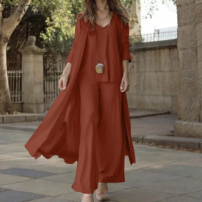 Women Autumn Tracksuits 3pcs Pant Sets ZANZEA Fashion Casual 3-Pieces Sets Solid Tank Tops and Cardigans Wide Leg Trousers Suit