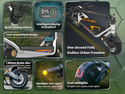 Kukirin A1 Folding Electric Scooter, 800W 48V 13Ah Battery, 10 "Vacuum Tire, 45 km/h Max Speed 45km Range Front & ReverDisc Brake.