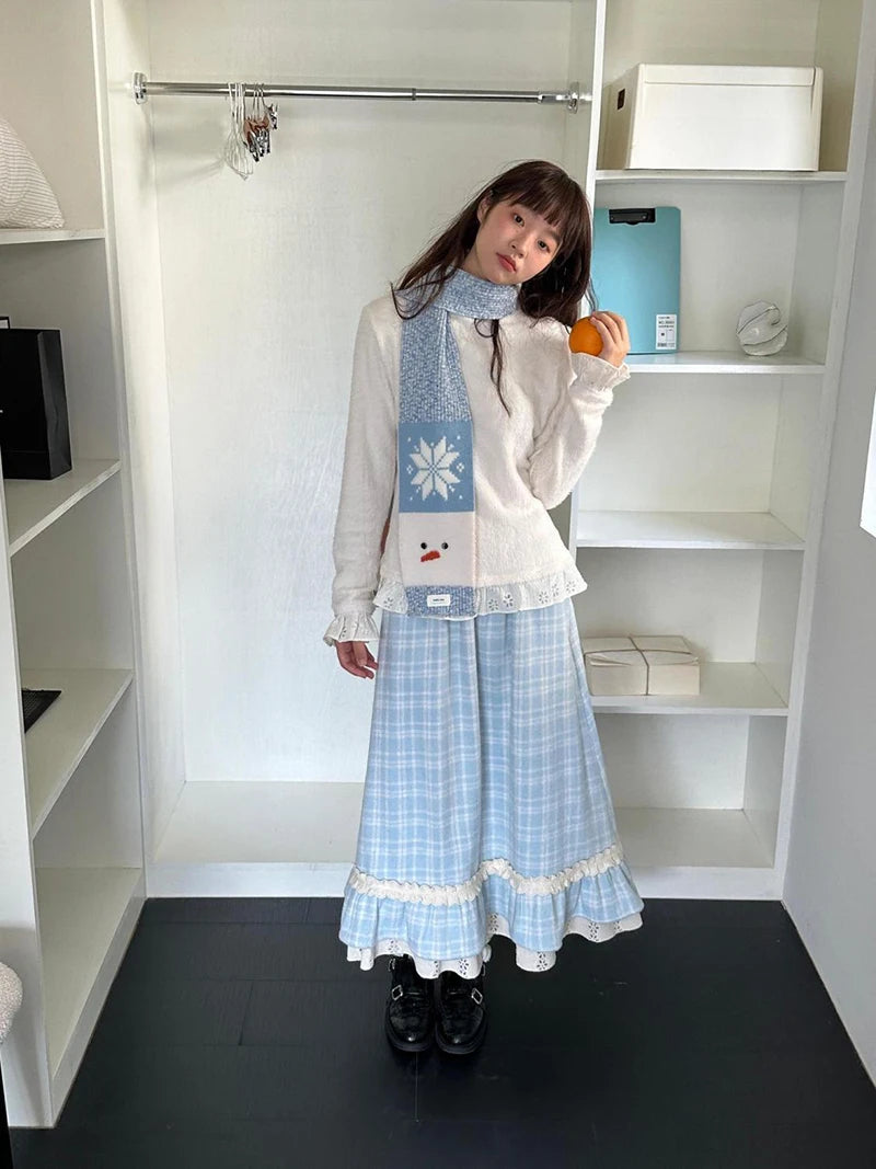 Japanese Sweet Long Skirt Women Fall Winter Blue Plaid Vintage Preppy Patchwork Skirts High Waist A Line Loose Casual Cute Skirt.