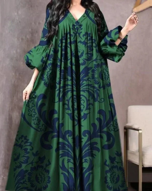 V-neck Loose Muslim Abayas for Women Vintage Printed Long Dress Women Breathable Middle Eastern Robe Casual Long Sleeve Abaya.