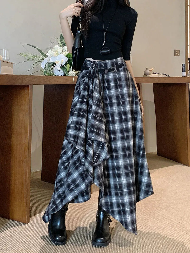 MEXZT Vintage Plaid Woolen Midi Skirt Women Y2K Harajuku Belt Asymmetrical Skirts Winter Gyaru Grunge Korean Design Faldas New.