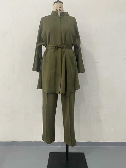 Ramadan Eid Muslim Two Piece Set Lace-up Long Shirt with Pants Women Suits Shirt Blouse Musulman Ensembles Islamic Dress Sets.