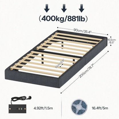 Gästebett 90 x 200 cm mit Ladestation und LED-Beleuchtung, Bettrahmen, einfache Montage zum Schlafen