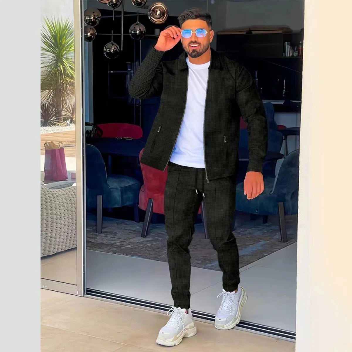 Men's Spring/Autumn Casual Long-Sleeve Zip-Up Shirt Set Loose-Fitting Pure Color Outdoor Sports And Streetwear Two-Piece Outfit.