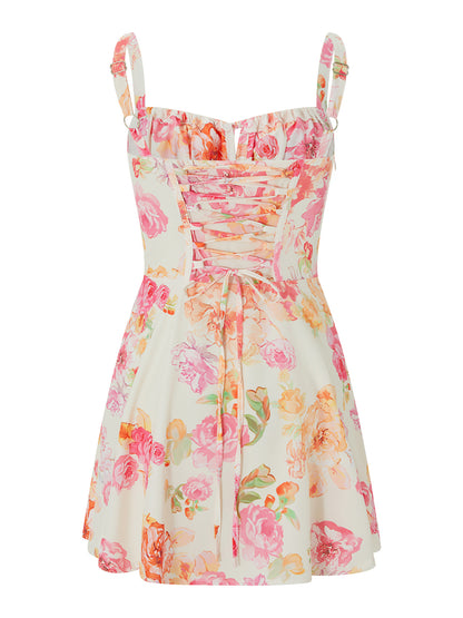 Combhasaki Damen-Kleid, elegant, Blumendruck, tief ausgeschnitten, zum Binden, ärmellos, Cami, figurbetont, Korsett, kurzes Kleid, Sommer, rückenfrei, Party, Clubwear