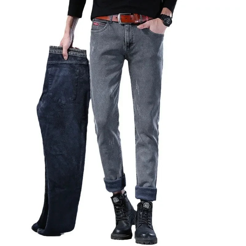 Winter Hot Sale Of The Season Trendy Stretchy Fleece Lined Thick Denim Mid Waist Fashionable Casual Warm Long Pants Men's Jeans.