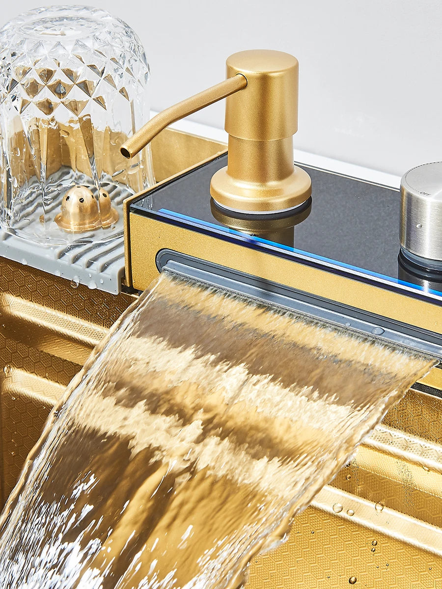 Große 304 Küchenspülen, 75 x 45 cm, Edelstahl, Küchen-Wasserfall-Waschbecken, Digitalanzeige, großes Einzelwaschbecken, Geschirrspüler-Wasserhahn