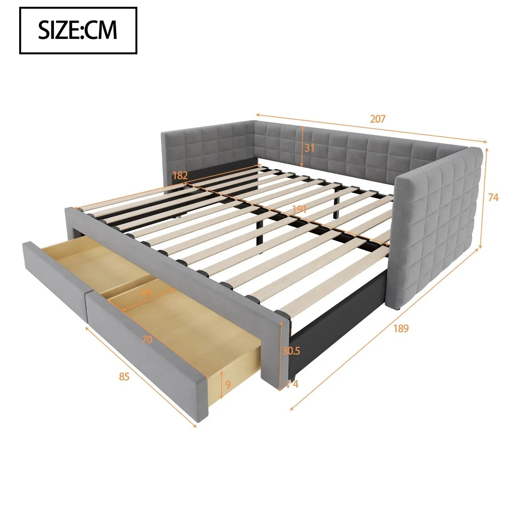 3-in-1 ausziehbares Schlafsofa 90 x 190 cm, Multifunktionsbett mit Schubladen, Einzel-/Doppelbett, Baumwolle und Leinen (Matratze nicht im Lieferumfang enthalten)