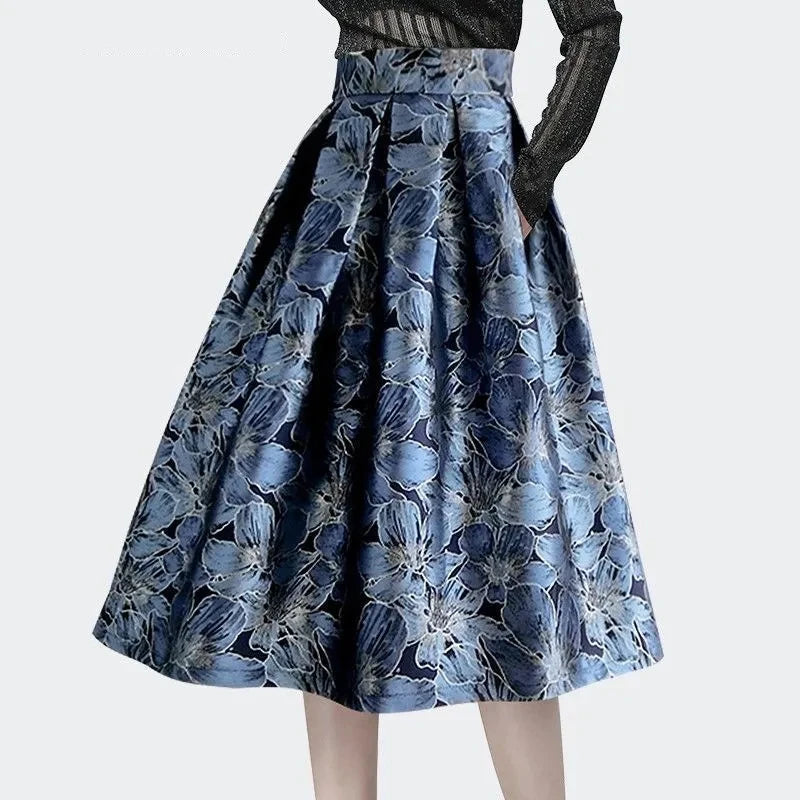 Blue Floral Print Vintage High Waist Ball Gown A-line Loose Women's Skirt Knee-Length Long Skirts For Women Clothing Fashion.