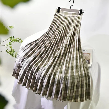 Looks Thin Pleated Skirt 2025 New High Waist A-line Skirt Mid-length Big Size Plaid Skirt Long Pleated Skirt Length 75-90cm
