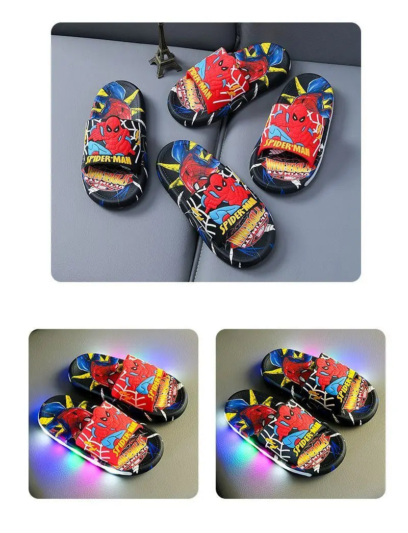 Disney Spider-Man Children's Slippers Non-slip Cartoon Light Soft Soled Slippers For Boys LED Light Luminous Children's Summer S.