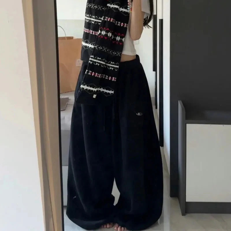 Oversize Cotton Pants Woman Y2K Casual Drawstring Trousers Korean Streetwear High Waist All Match Jogger Pants Grey Sweatpants.