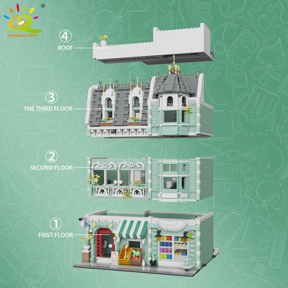 HUIQIBAO Toys MOC City Corner Coffee Shop Architecture Style Street View Micro Building Blocks for Children Construction Bricks.