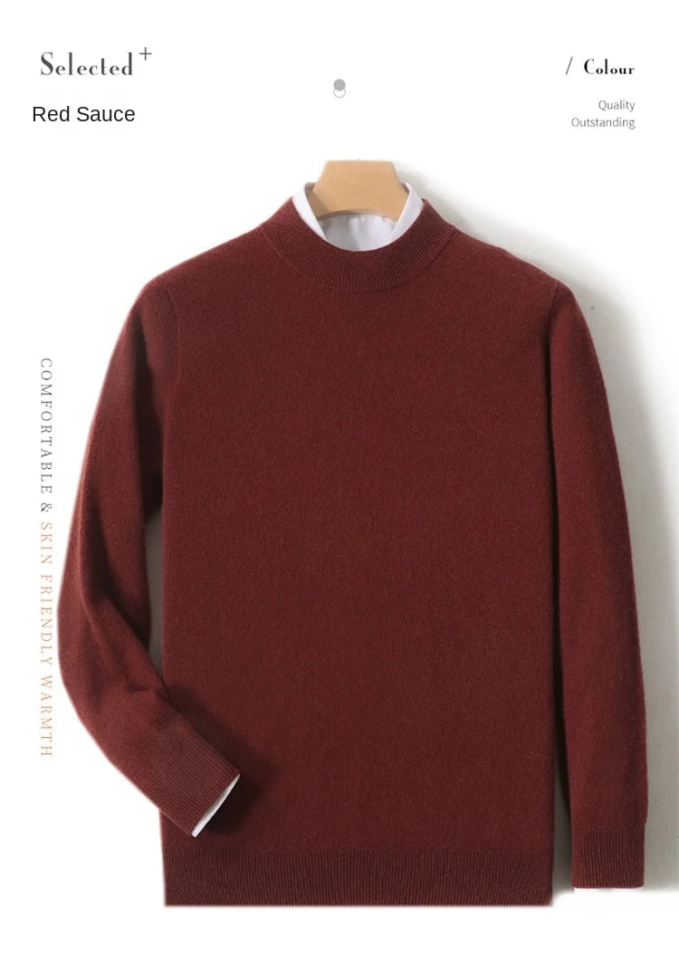 100% Pure Merino Wool Men's Semi High Neck Pullover Solid Color Plus Size Casual Sweater Autumn And Winter Sports Cashmere Top