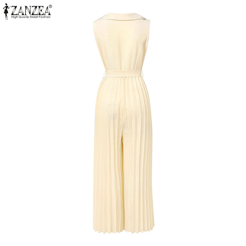 Fashion Women Jumpsuits 2025 ZANZEA Summer Rompers Elegant Wide Leg Work OL Overalls V Neck Sleeveless Pleated Playsuit Trousers.