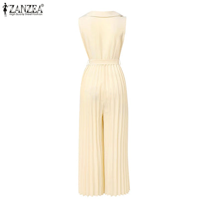 Fashion Women Jumpsuits 2025 ZANZEA Summer Rompers Elegant Wide Leg Work OL Overalls V Neck Sleeveless Pleated Playsuit Trousers.
