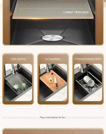 Large Single Slot Embossed Stainless Steel Waterfall Kitchen Sink  Household Wash basin Dishwashing  Sink For Kitchen