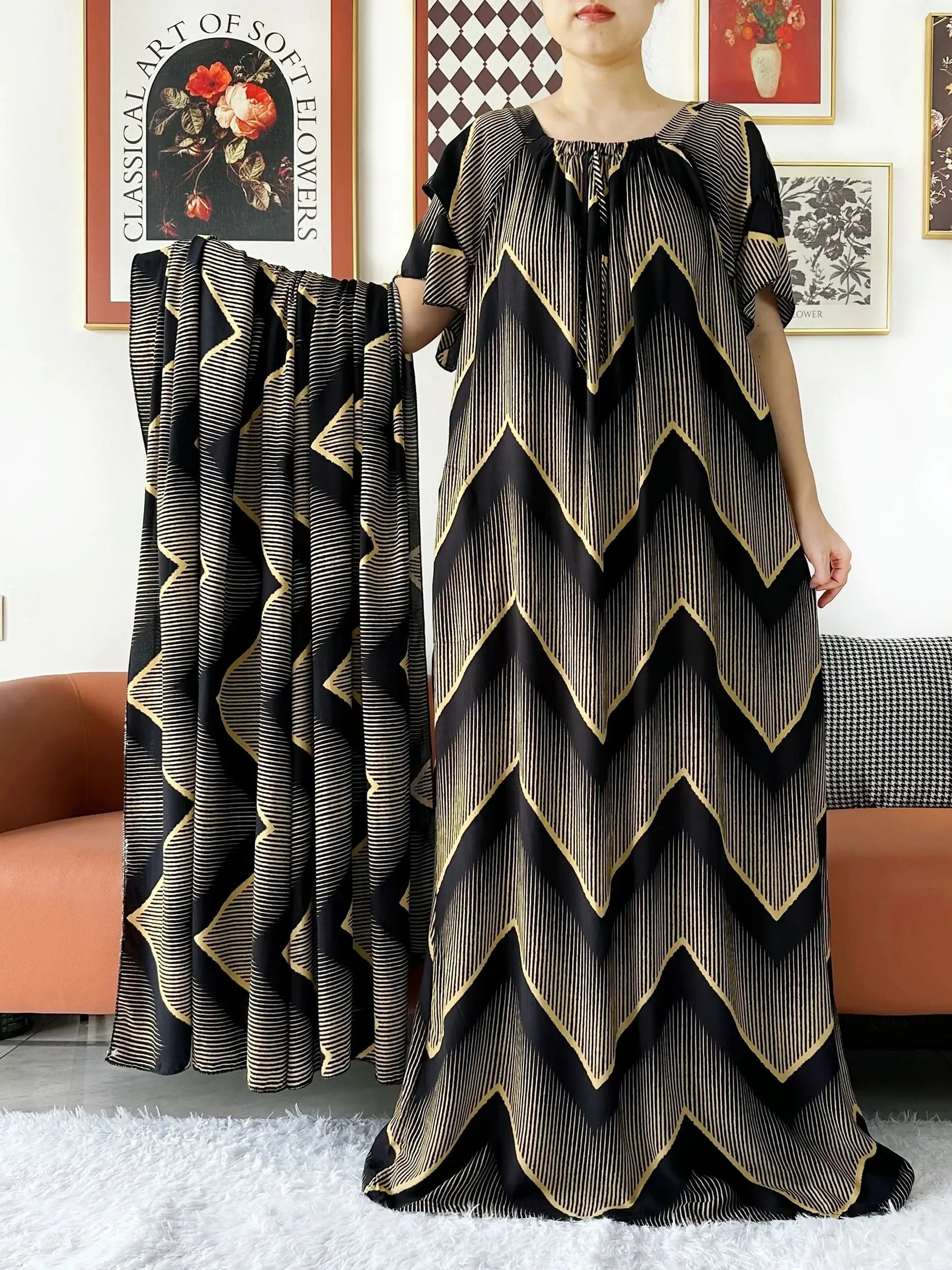 2024 New Muslim Dubai Abaay Women Cotton Dress With Big Scarf For Women Maxi Summer Short Sleeve Loose African Abaya Clothing.