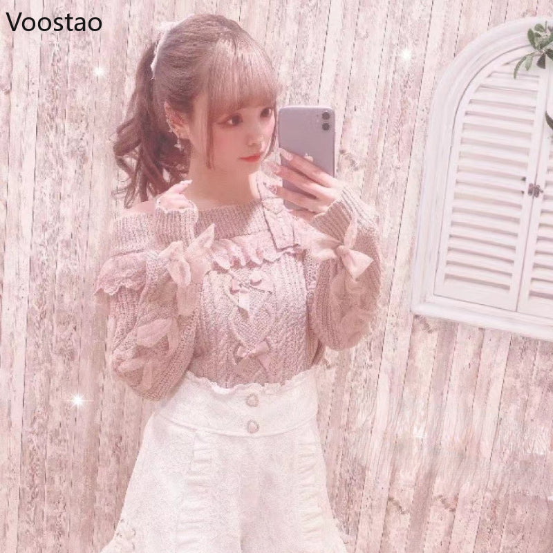 Vintage Sweet Lolita Style Knitted Pullover Autumn Girls Cute Off Shoulder Lace Ruffles Bow Sweater Women Harajuku Knitwear Tops.