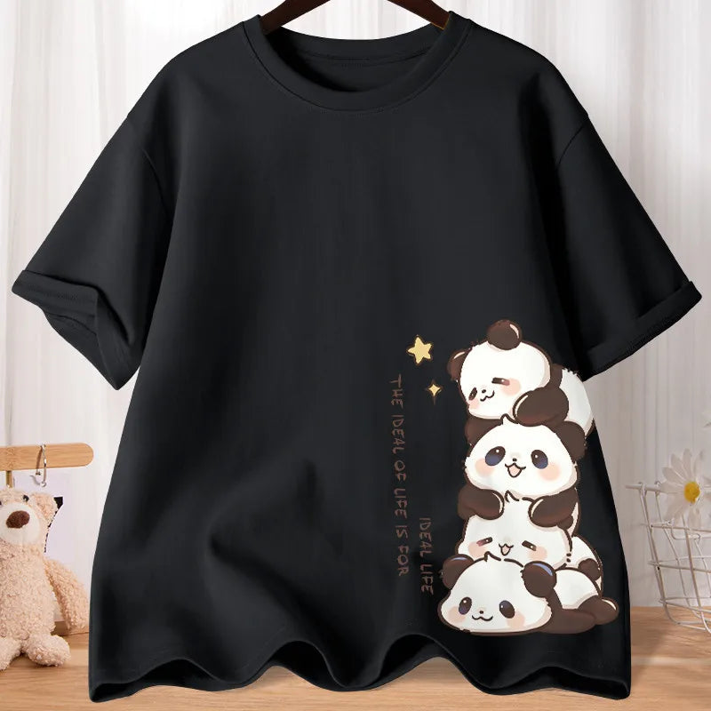 Summer Cartoon Cute Treasure Panda Sweet Printed Short Sleeve T-shirt Women's Loose Leisure Soft Bottom Oversized Shirt Top.
