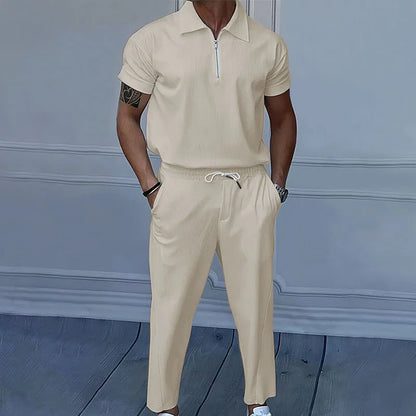 Sommer neue europäische und amerikanische Handel große Herren einfarbig Set mit Kragen, Kurzarm, Reiß verschluss Hosen Set, 2 Stück