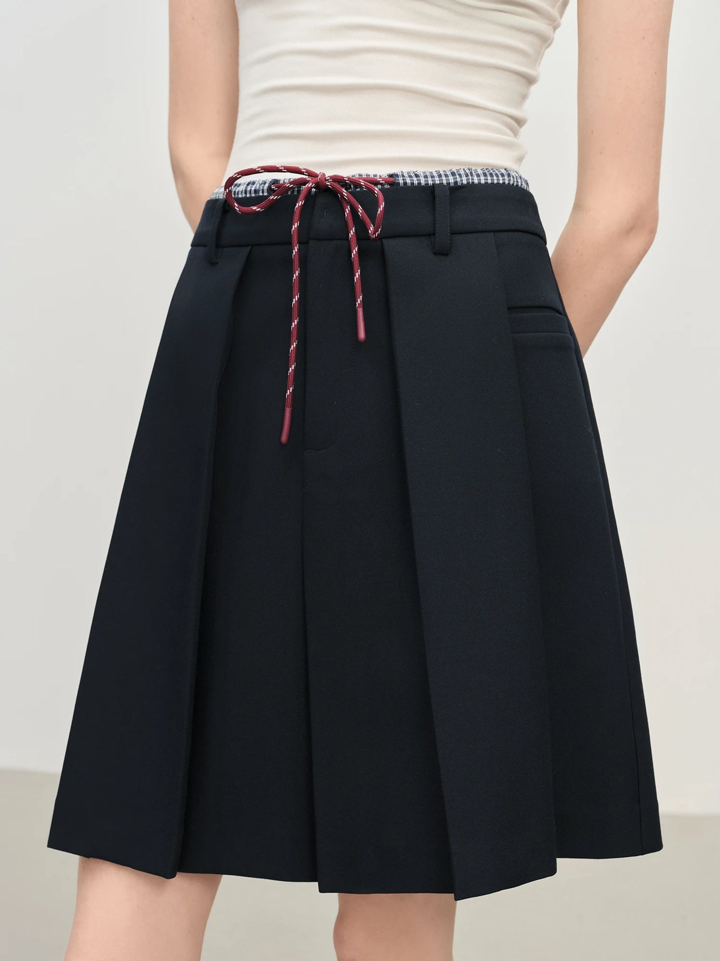 FSLE Double Waist Fake Two-piece Plaid Splicing Drawstring Skirt 2025 Autumn New Style Skirt 25FS13096.