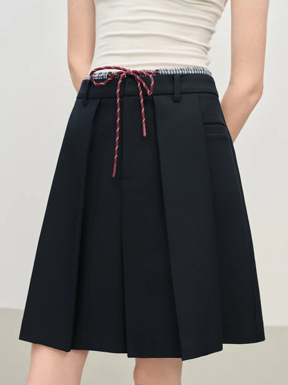 FSLE Double Waist Fake Two-piece Plaid Splicing Drawstring Skirt 2025 Autumn New Style Skirt 25FS13096.