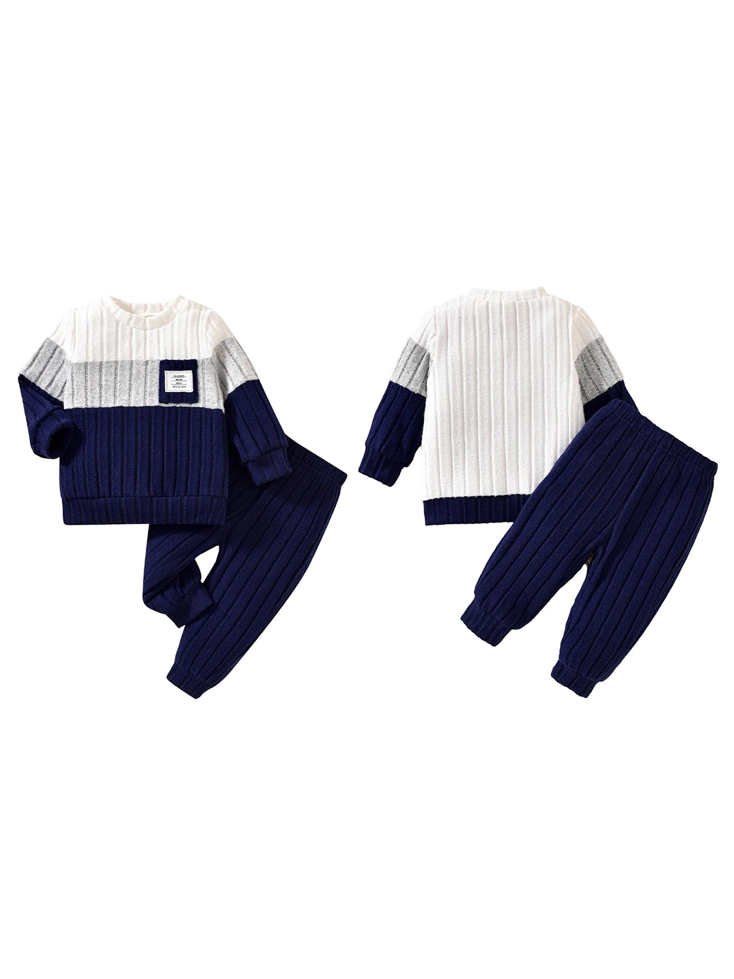 VISgogo 0-3 Years Boys Fall 2Pcs Clothes Sets Long Sleeve O Neck Patchwork Pullover Solid Color Pants.